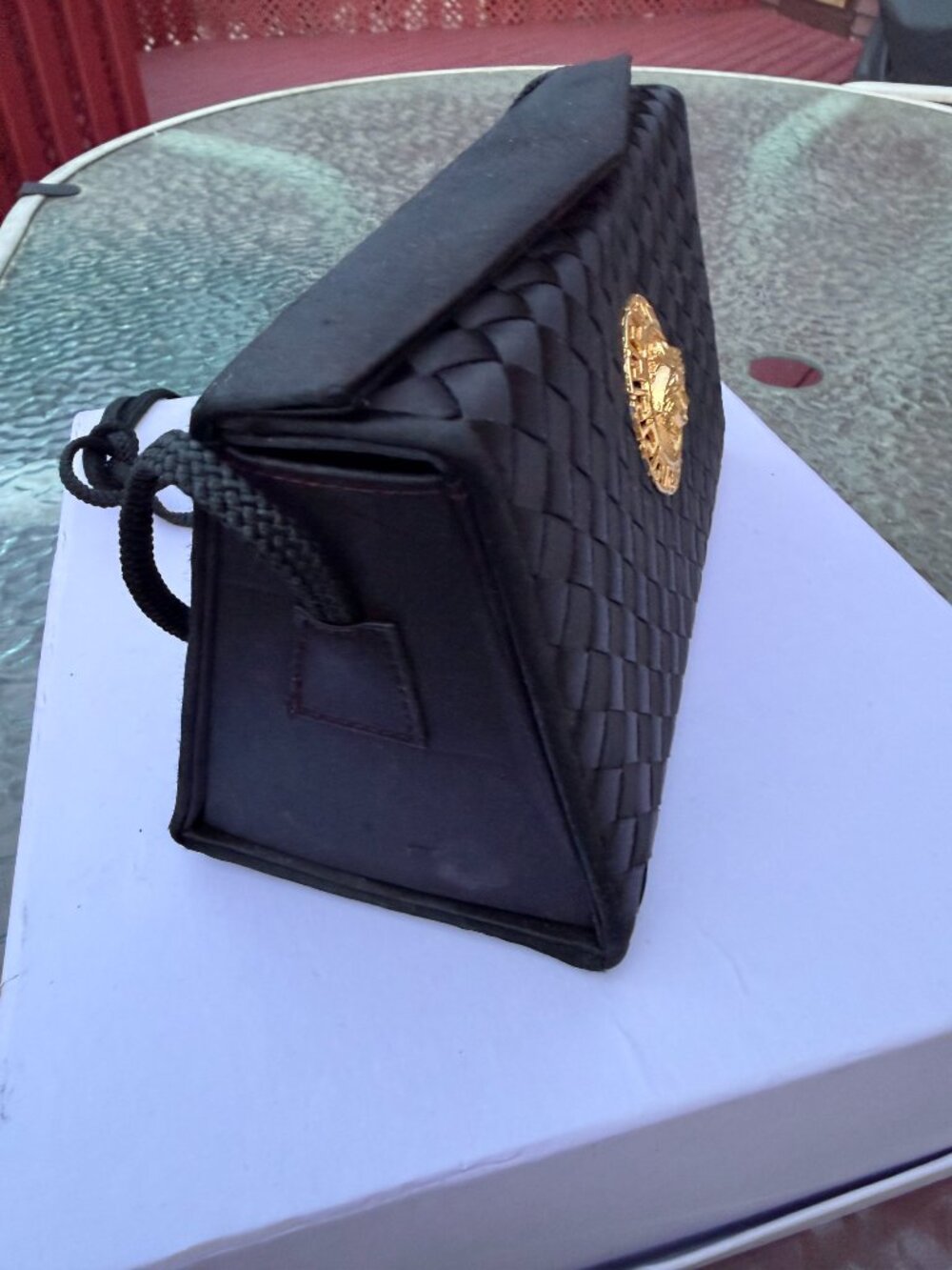 Vintage 90s Black Woven Clutch Gold Medallion – Versace Inspired Statement Bag - Picture 5 of 5